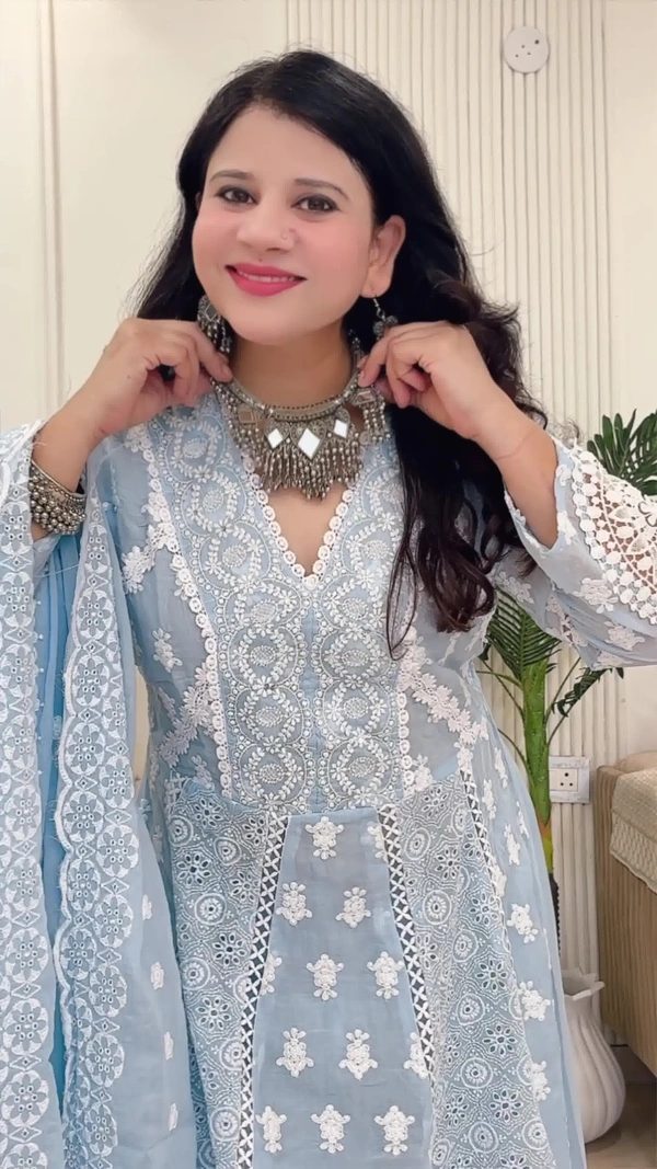 Sky Blue 3-Piece Anarkali Mal-Chanderi D.No.-115 - 40, Sky Blue