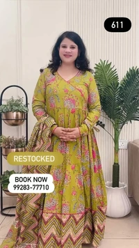 Parrot Green 3-Piece Anarkali Cotton D.No.-611 - 44, Parrot Green