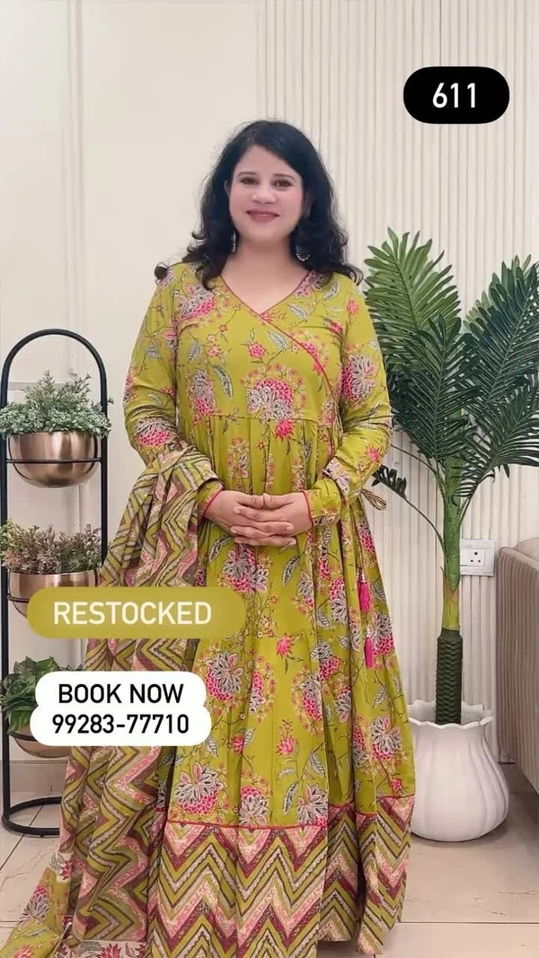 Parrot Green 3-Piece Anarkali Cotton D.No.-611 - 44, Parrot Green