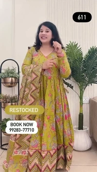 Parrot Green 3-Piece Anarkali Cotton D.No.-611 - 44, Parrot Green
