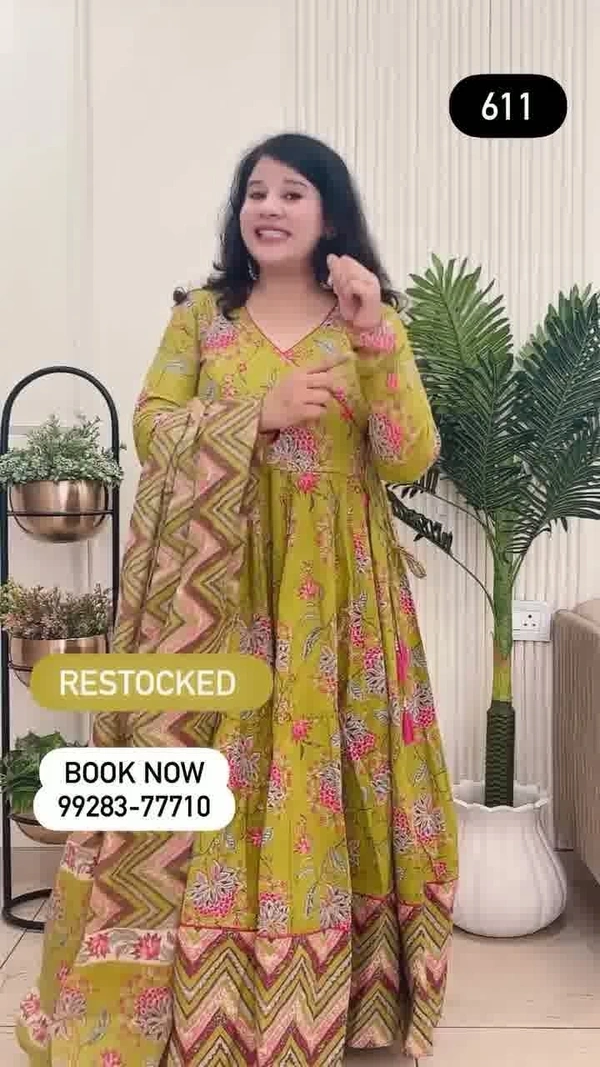 Parrot Green 3-Piece Anarkali Cotton D.No.-611 - 44, Parrot Green