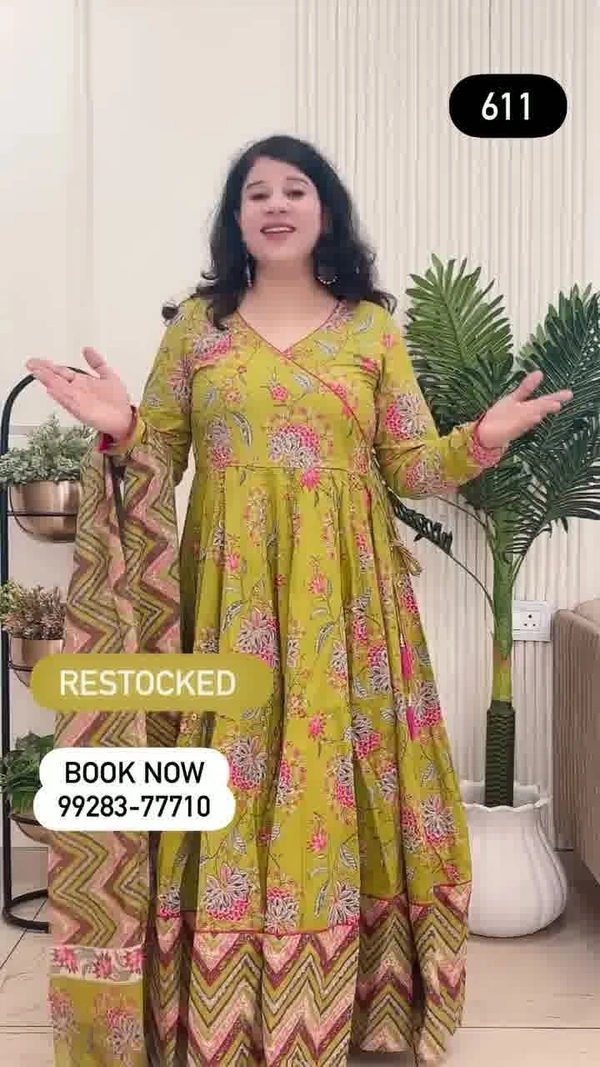 Parrot Green 3-Piece Anarkali Cotton D.No.-611 - 44, Parrot Green