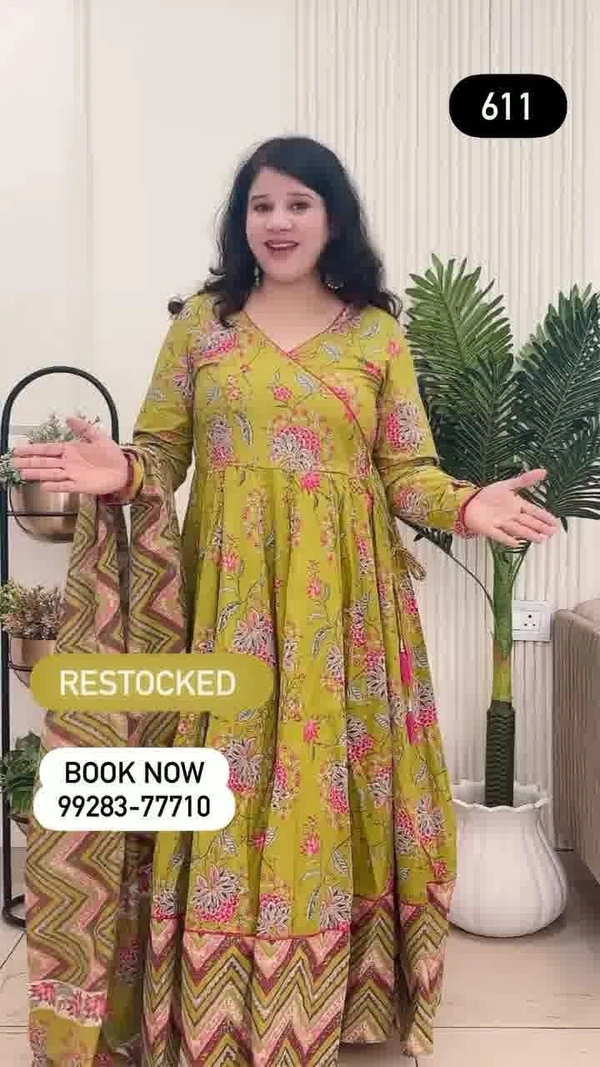 Parrot Green 3-Piece Anarkali Cotton D.No.-611 - 44, Parrot Green
