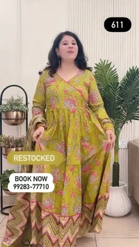 Parrot Green 3-Piece Anarkali Cotton D.No.-611 - 44, Parrot Green