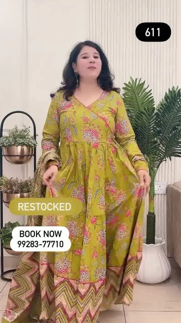 Parrot Green 3-Piece Anarkali Cotton D.No.-611 - 44, Parrot Green