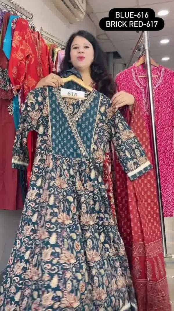 Blue 3-Piece Anarkali Cambric Cotton Embroidered with Mal-Cotton dupatta D.No.-616 - 44, Blue