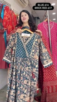 Blue 3-Piece Anarkali Cambric Cotton Embroidered with Mal-Cotton dupatta D.No.-616 - 44, Blue