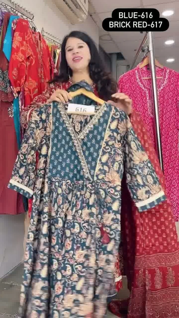 Blue 3-Piece Anarkali Cambric Cotton Embroidered with Mal-Cotton dupatta D.No.-616 - 44, Blue