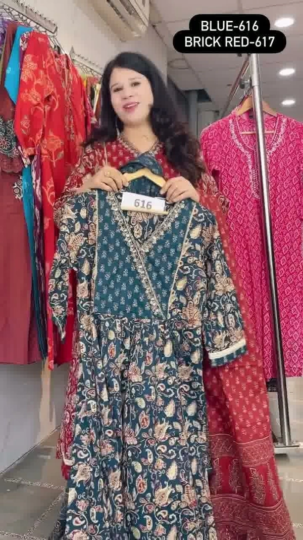 Blue 3-Piece Anarkali Cambric Cotton Embroidered with Mal-Cotton dupatta D.No.-616 - 44, Blue