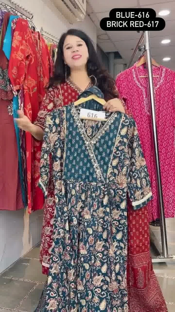 Blue 3-Piece Anarkali Cambric Cotton Embroidered with Mal-Cotton dupatta D.No.-616 - 44, Blue