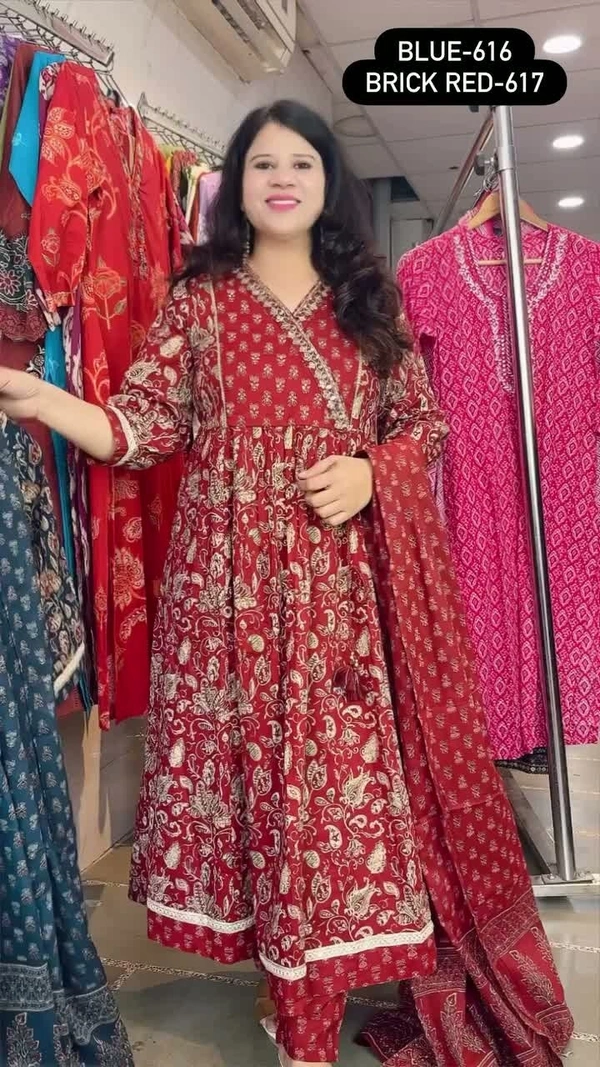 Maroon 3-Piece Anarkali Cambric Cotton Embroidered with Mal-Cotton dupatta D.No.-617 - 38, Maroon