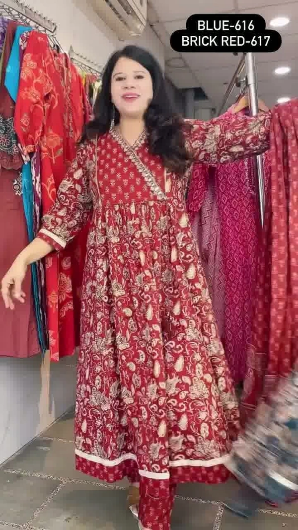 Maroon 3-Piece Anarkali Cambric Cotton Embroidered with Mal-Cotton dupatta D.No.-617 - 38, Maroon