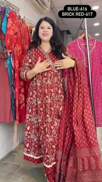 Maroon 3-Piece Anarkali Cambric Cotton Embroidered with Mal-Cotton dupatta D.No.-617 - 38, Maroon