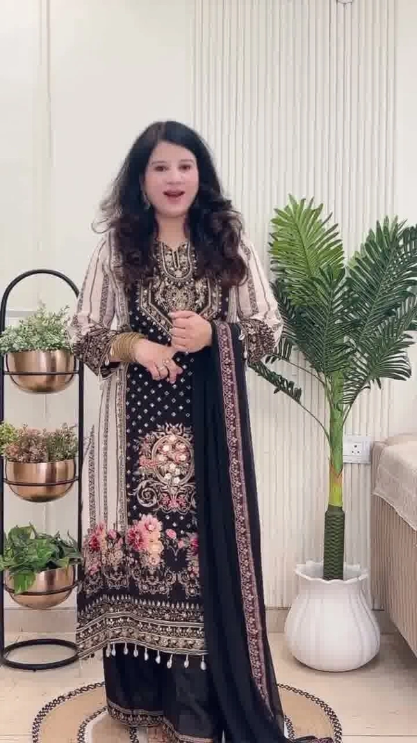 Black 3-Piece Suit Crape with Chiffon dupatta D.No.-633 - 38, Black
