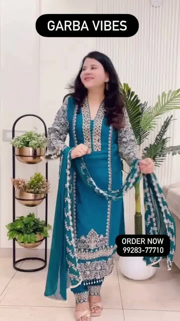 Peacock Blue 3-Piece Straight Suit Chinon D.No.-676 - 38, Peacock Blue