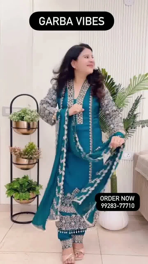 Peacock Blue 3-Piece Straight Suit Chinon D.No.-676 - 38, Peacock Blue