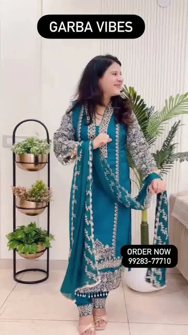 Peacock Blue 3-Piece Straight Suit Chinon D.No.-676 - 38, Peacock Blue