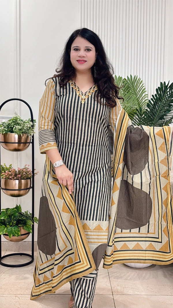 Beige 3-Piece Straight Suit Cotton Printed D.No.-116 - 42, Beige