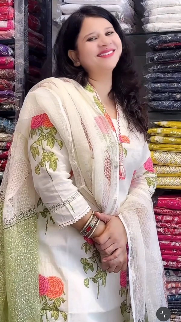 Off White 3-Piece Straight Suit Handloom Cotton Kota Doriya D.No.-670 - 44, Off White