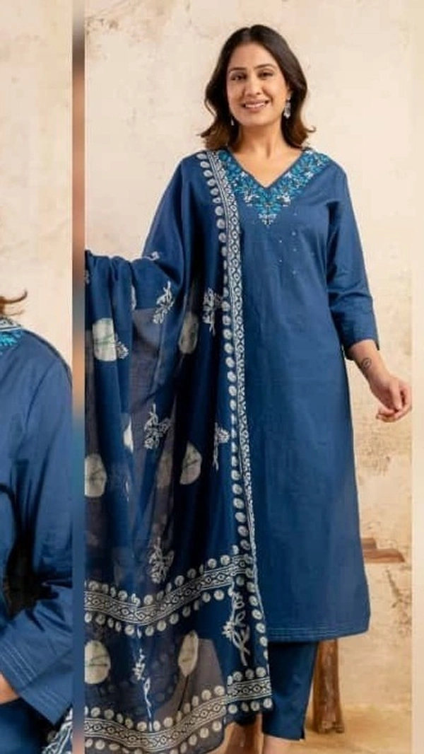 Teal Blue 3-Piece Straight Cotton D.No.-675 - 38, Teal Blue