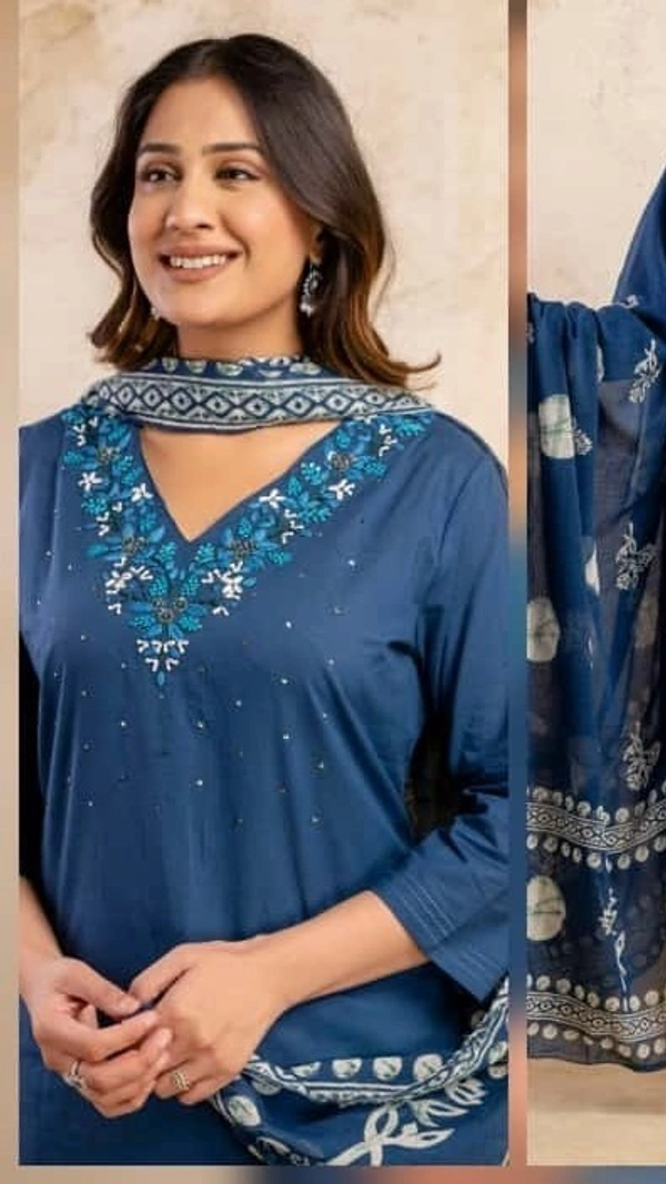 Teal Blue 3-Piece Straight Cotton D.No.-675 - 38, Teal Blue