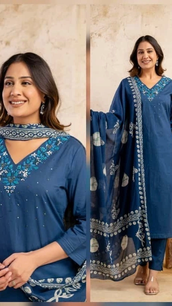 Teal Blue 3-Piece Straight Cotton D.No.-675 - 38, Teal Blue