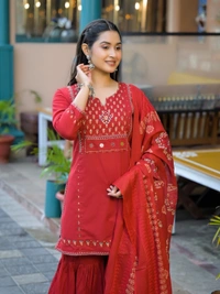 Brick Red 3-Piece Dress Cotton D.No.-678 - 38, Brick Red