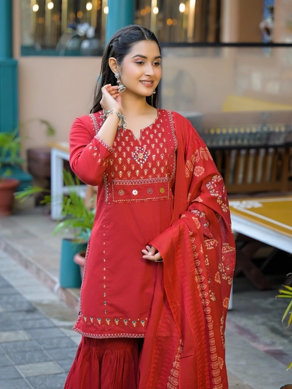 Brick Red 3-Piece Dress Cotton D.No.-678 - 38, Brick Red