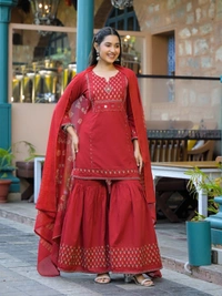 Brick Red 3-Piece Dress Cotton D.No.-678 - 38, Brick Red