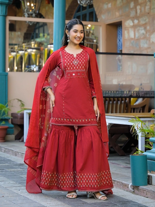 Brick Red 3-Piece Dress Cotton D.No.-678 - 38, Brick Red