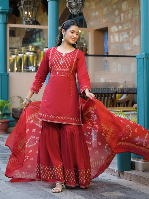 Brick Red 3-Piece Dress Cotton D.No.-678 - 38, Brick Red