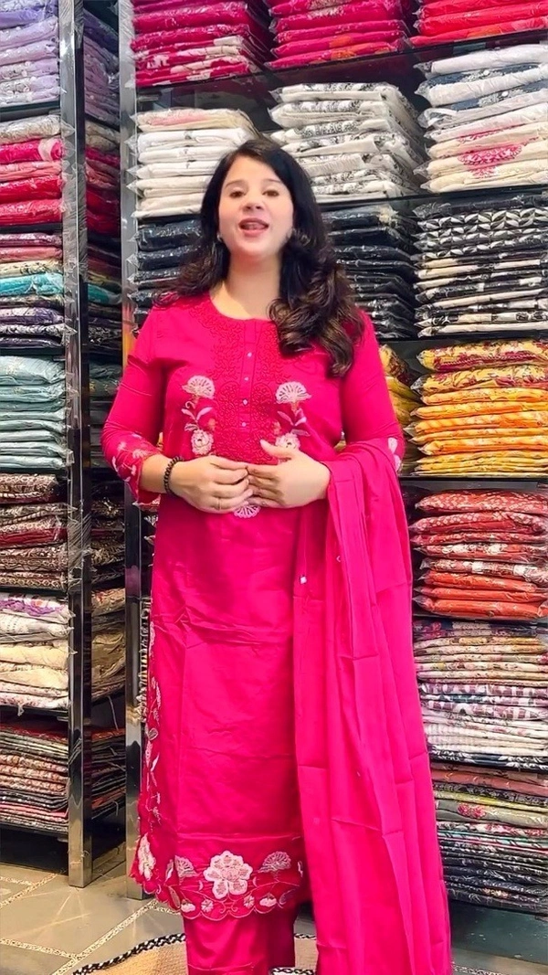 Hot Pink 3-Piece Straight Suit Cotton Embroidered D.No.-582 - 44, Hot Pink
