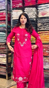 Hot Pink 3-Piece Straight Suit Cotton Embroidered D.No.-582 - 44, Hot Pink