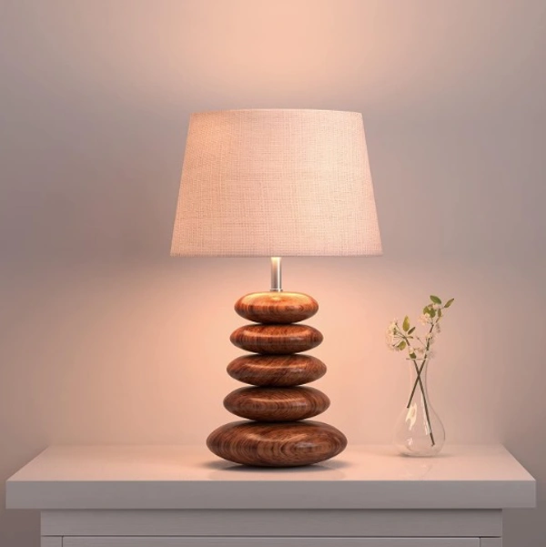 Wooden Pebble Table Lamp 18 Inches Height with 10 Inches Diameter Lamp Shade for Bedroom