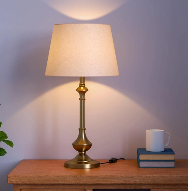 Brass Antique Gold Table Lamp Sleek Bedroom Off White 10 Inches Lampshade For Bedside Stylish