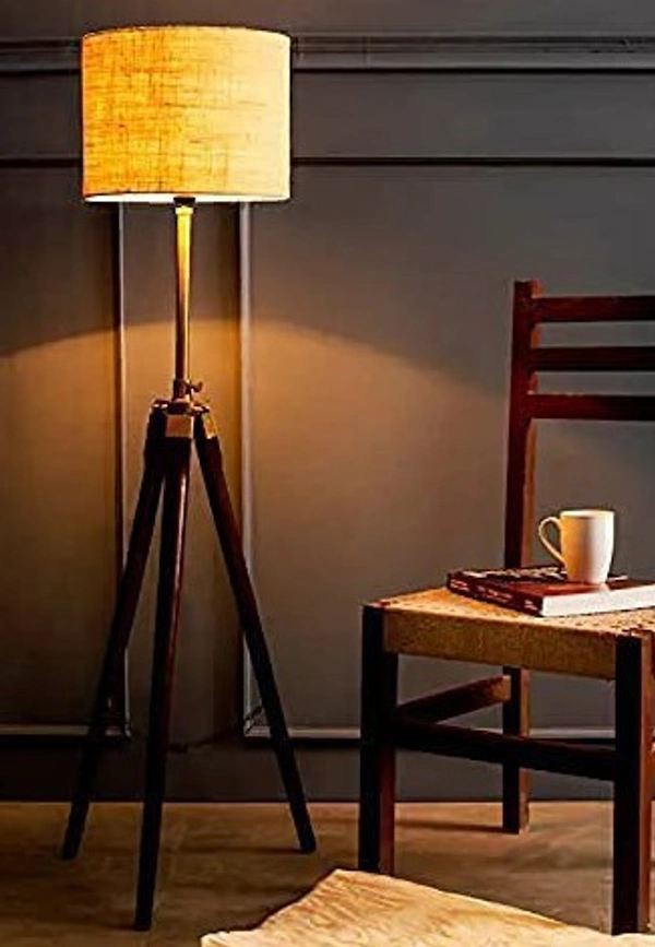 Wooden Italian Wooden Crafter Standard Size Tripod Floor Lamp With Jute Shade, Bulb And Holder,
