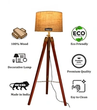 Wooden Italian Wooden Crafter Standard Size Tripod Floor Lamp With Jute Shade, Bulb And Holder,