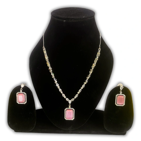 Shining Plant Jewellery Oyster Pink Long Designer Rectangular AD Pendant Set with Earrings - American Diamonds by Shining Plant Jewellery - 10 Inch, Oyster Pink