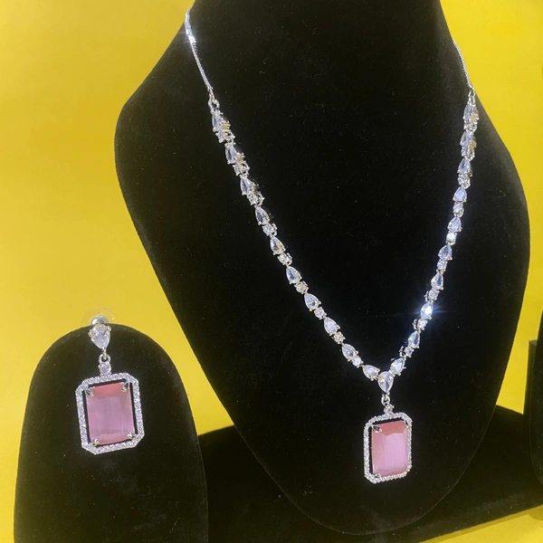 Shining Plant Jewellery Oyster Pink Long Designer Rectangular AD Pendant Set with Earrings - American Diamonds by Shining Plant Jewellery - 10 Inch, Oyster Pink
