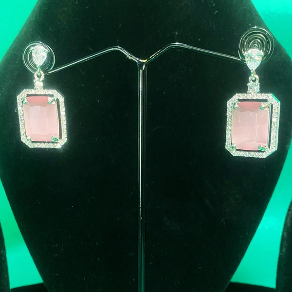 Shining Plant Jewellery Oyster Pink Long Designer Rectangular AD Pendant Set with Earrings - American Diamonds by Shining Plant Jewellery - 10 Inch, Oyster Pink