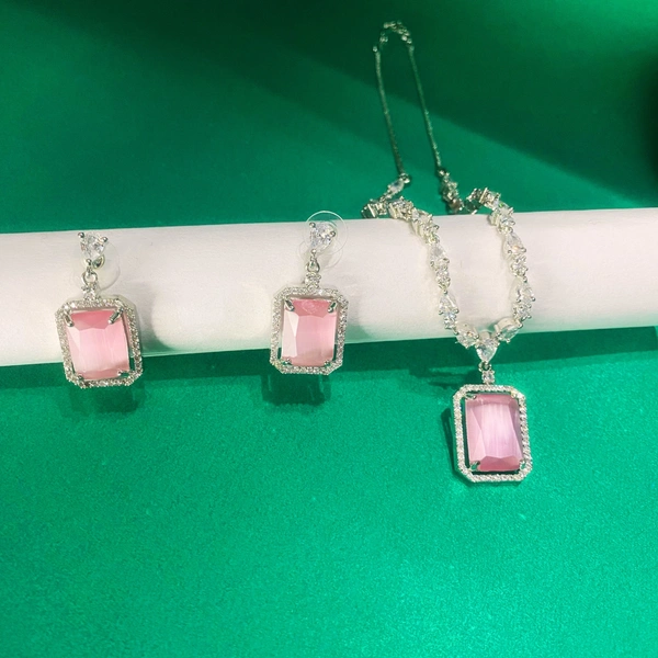 Shining Plant Jewellery Oyster Pink Long Designer Rectangular AD Pendant Set with Earrings - American Diamonds by Shining Plant Jewellery - 10 Inch, Oyster Pink