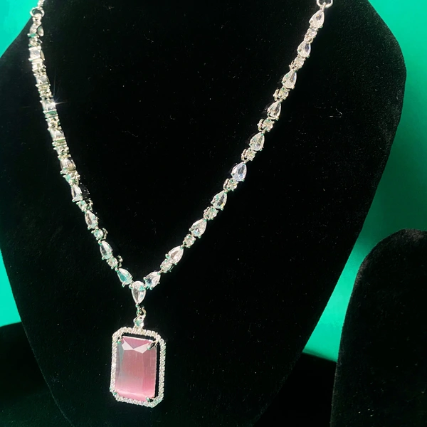 Shining Plant Jewellery Oyster Pink Long Designer Rectangular AD Pendant Set with Earrings - American Diamonds by Shining Plant Jewellery - 10 Inch, Oyster Pink