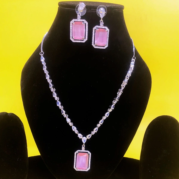 Shining Plant Jewellery Oyster Pink Long Designer Rectangular AD Pendant Set with Earrings - American Diamonds by Shining Plant Jewellery - 10 Inch, Oyster Pink