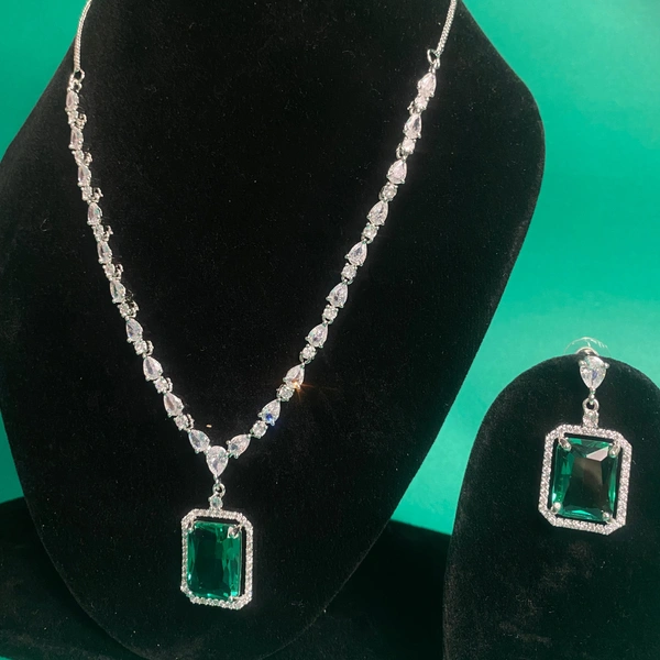 Shining Plant Jewellery Women's Mint Green Long Designer Rectangular AD Pendant Set with Earrings - American Diamonds - by Shining Plant - 10 Inch, Mint Green