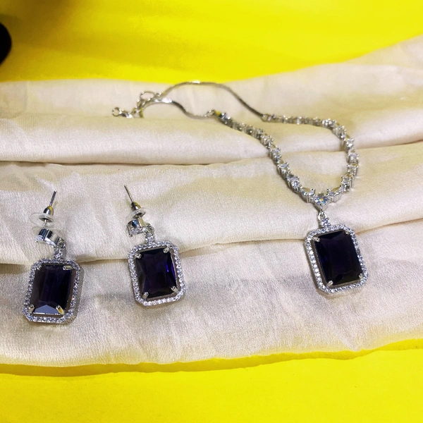 Shining Plant Jewellery Exquisite Vivid Violet Long Designer AD Pendant With Earrings Set - Sparkle with American Diamonds  - 10 Inch, Vivid Violet