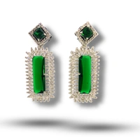 Shining Plant Jewellery Timeless Glamour with AD Rectangle Shaped Green Rhodium-Plated Drop Earrings - American Diamonds Studs for Stylish Girls and Women - 5 cm, Japanese Laurel