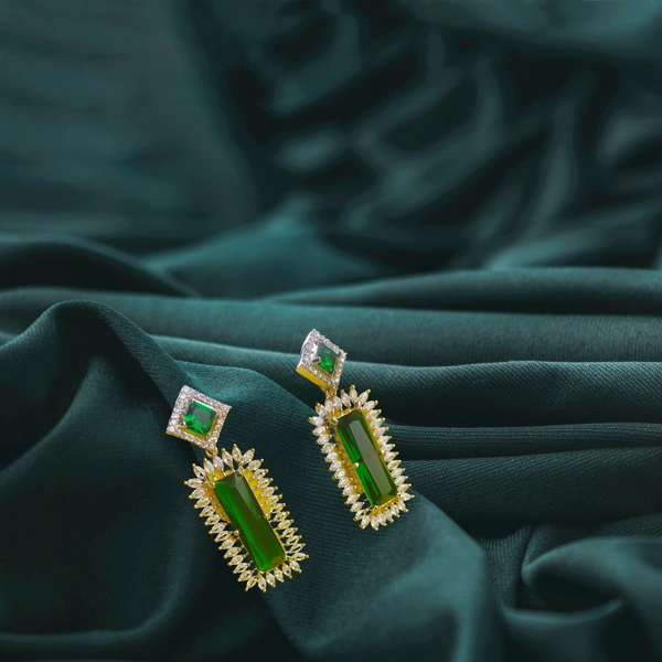 Shining Plant Jewellery Timeless Glamour with AD Rectangle Shaped Green Rhodium-Plated Drop Earrings - American Diamonds Studs for Stylish Girls and Women - 5 cm, Japanese Laurel