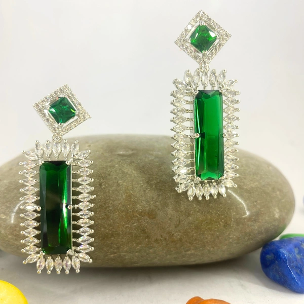 Shining Plant Jewellery Timeless Glamour with AD Rectangle Shaped Green Rhodium-Plated Drop Earrings - American Diamonds Studs for Stylish Girls and Women - 5 cm, Japanese Laurel