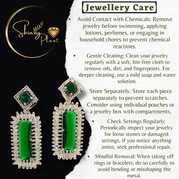 Shining Plant Jewellery Timeless Glamour with AD Rectangle Shaped Green Rhodium-Plated Drop Earrings - American Diamonds Studs for Stylish Girls and Women - 5 cm, Japanese Laurel