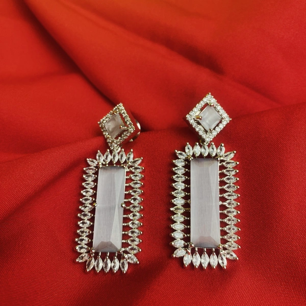 Shining Plant Jewellery Quill Gray American Diamonds Studded Rectangle Shaped Rhodium-Plating Drop Earrings by Shining Plant – A Stylish Delight for Gifts – Anniversary – Wedding  - 5 cm, Quill Gray